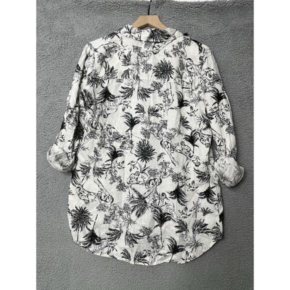 Joie Button Top Medium Linen Floral Animals Long Sleeve Roll Tab White Beach - Picture 7 of 14